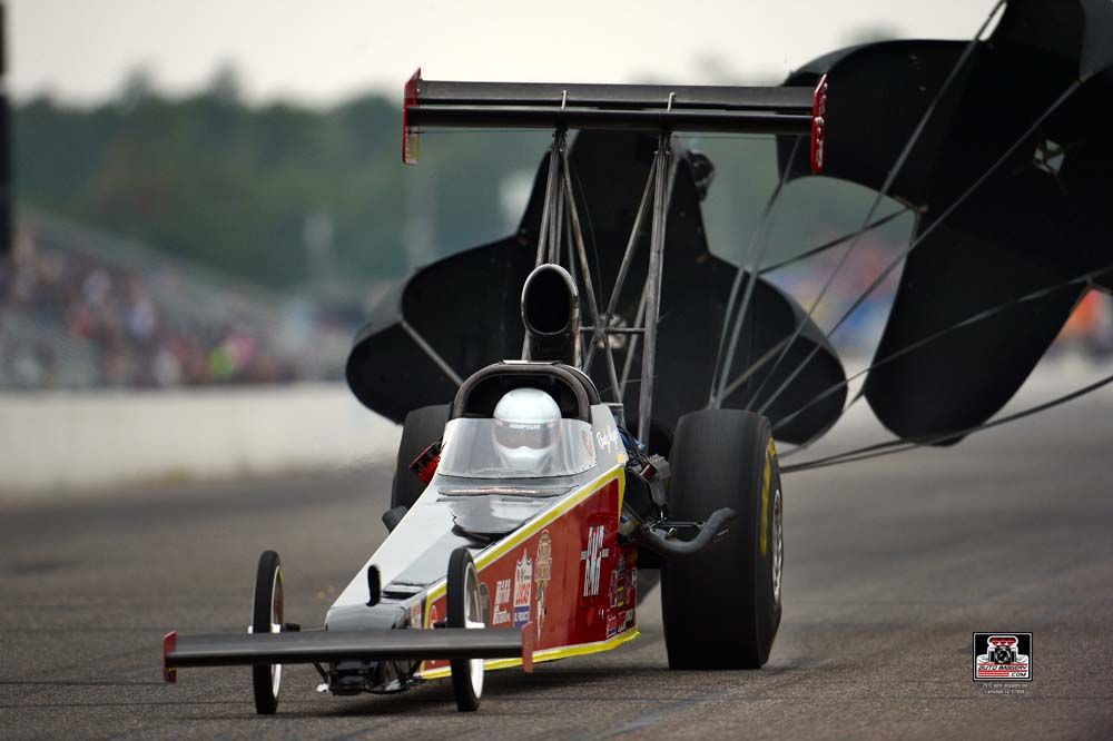 Randy Meyer Racing Top Alcohol Dragster deploying parachutes down the track