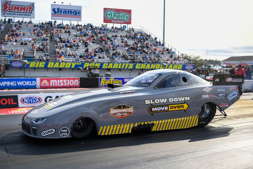 Randy Meyer Racing top alcohol funny car launching off the starting line